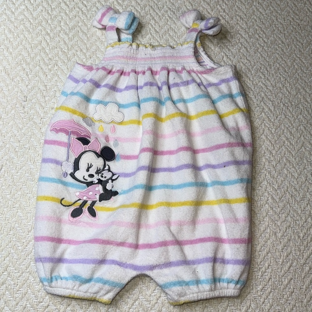 🧡9-12m Disney Striped terry cloth pastel Baby Romper with OG Minnie Mouse Design
